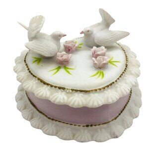 Vtg Lefton Heart Shaped Porcelain Trinket Box Fantail Doves Hand-painted Love